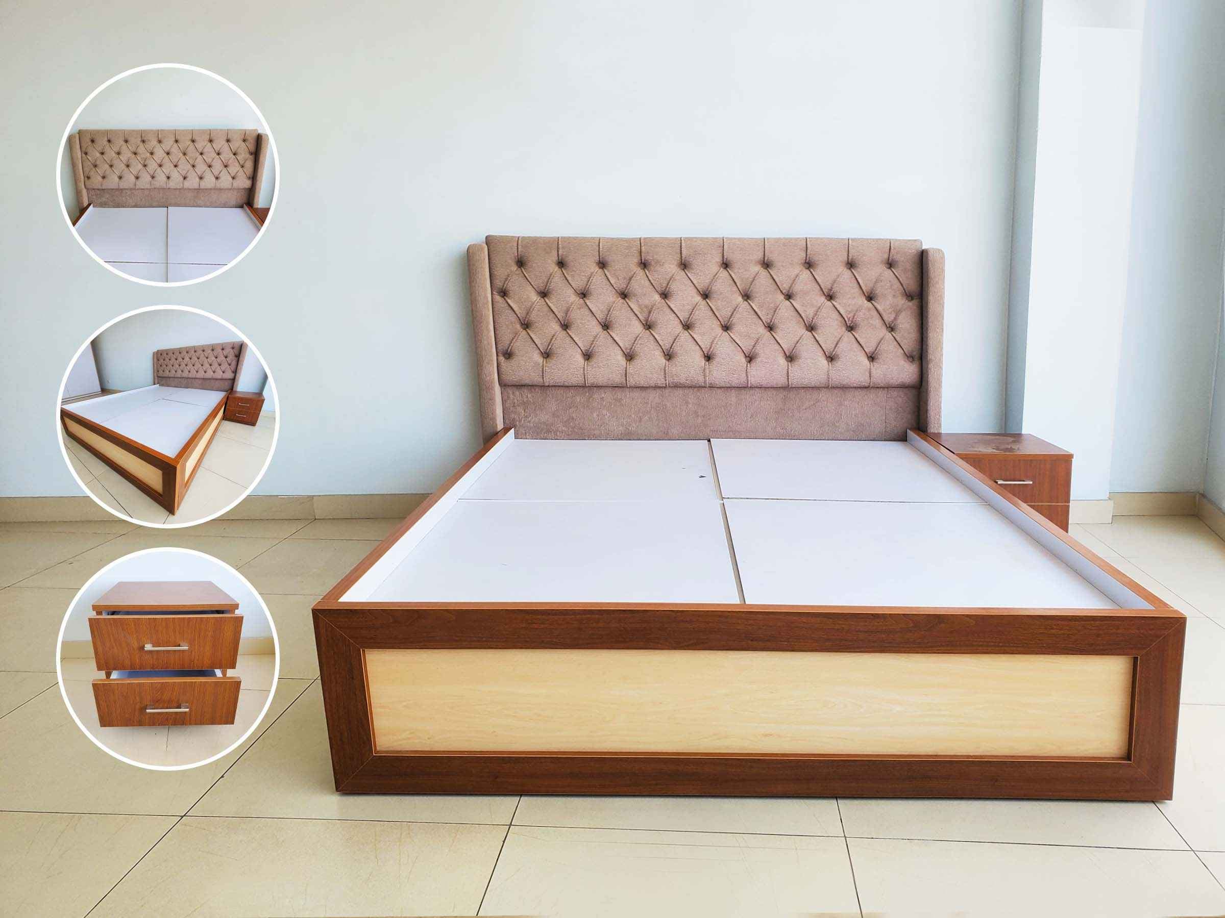 Cream Fabric Padded Queen Size Bed
