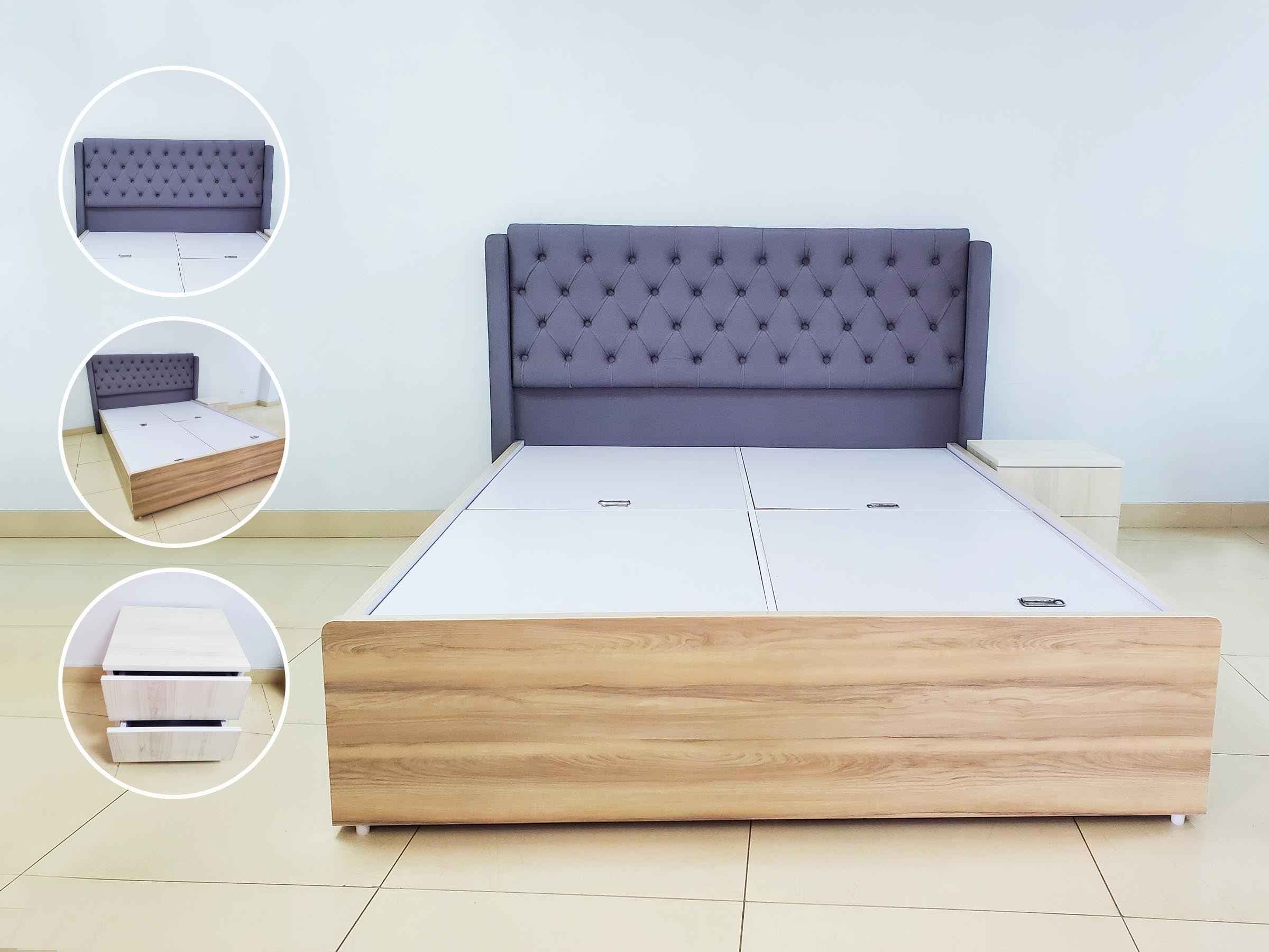 Blue Fabric Padded Queen Size Bed