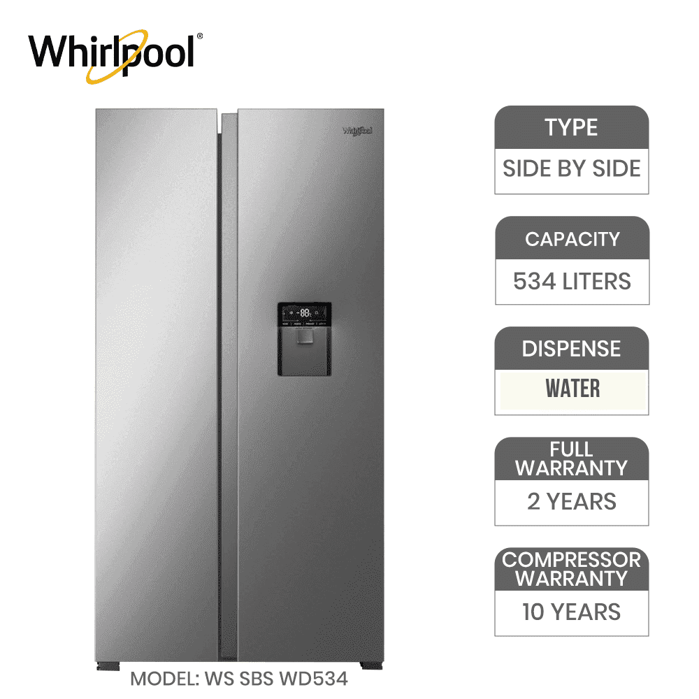 Whirlpool WS SBS WD534 Steel 534 Liters Frost Free Side-by-Side Inverter Refrigerator